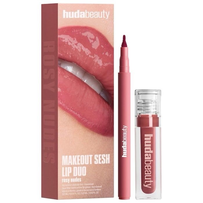 HUDA BEAUTY Make Out Sesh Lip Stain and Lip Gloss Duos Color: Peachy Nude