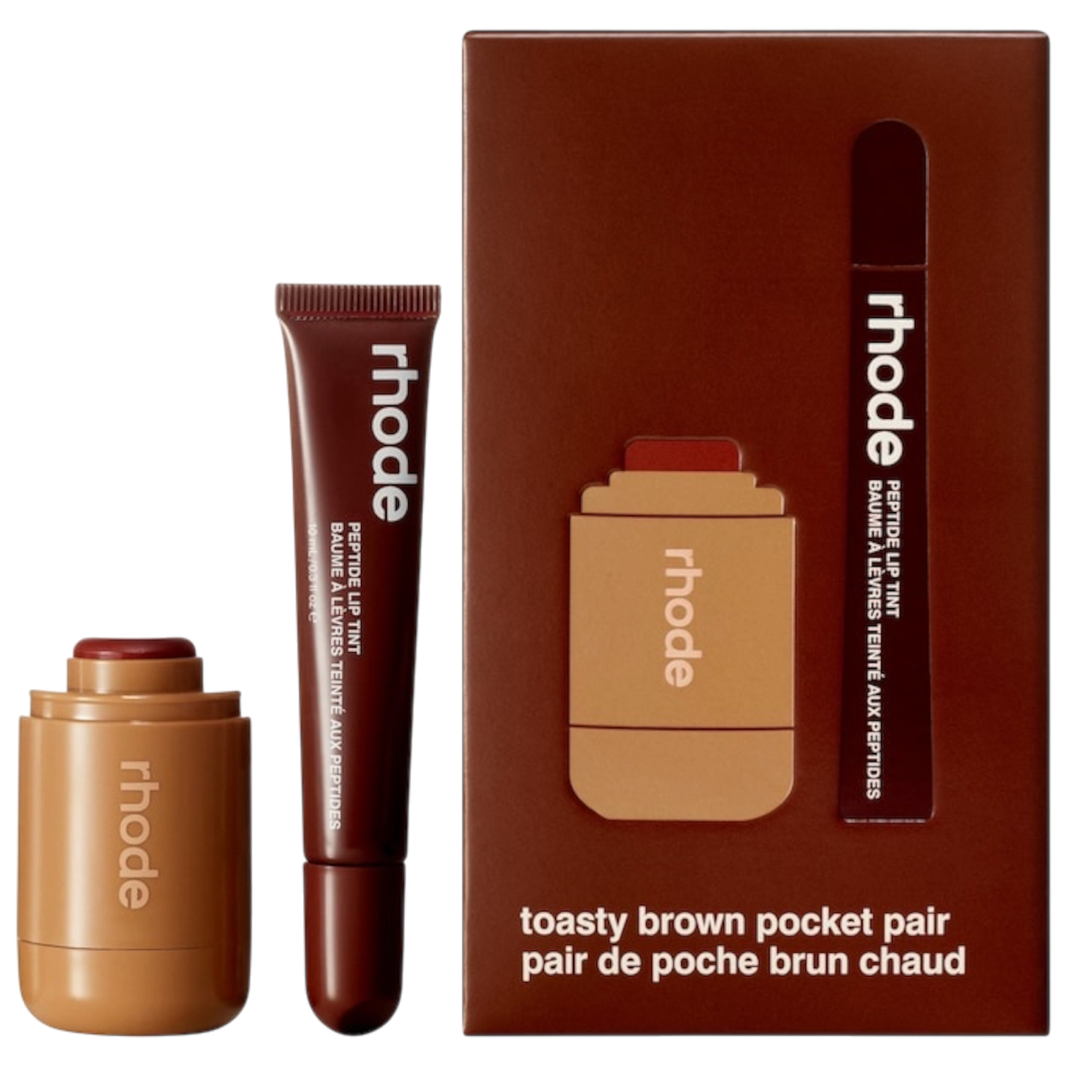 Rhode blush toasted teddy + Lip Tint espresso - a toasty brown pair